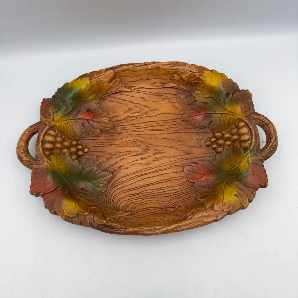 Vintage Multi Products Inc Faux Wood Grape Leaf Serving Tray Oval Platter USA